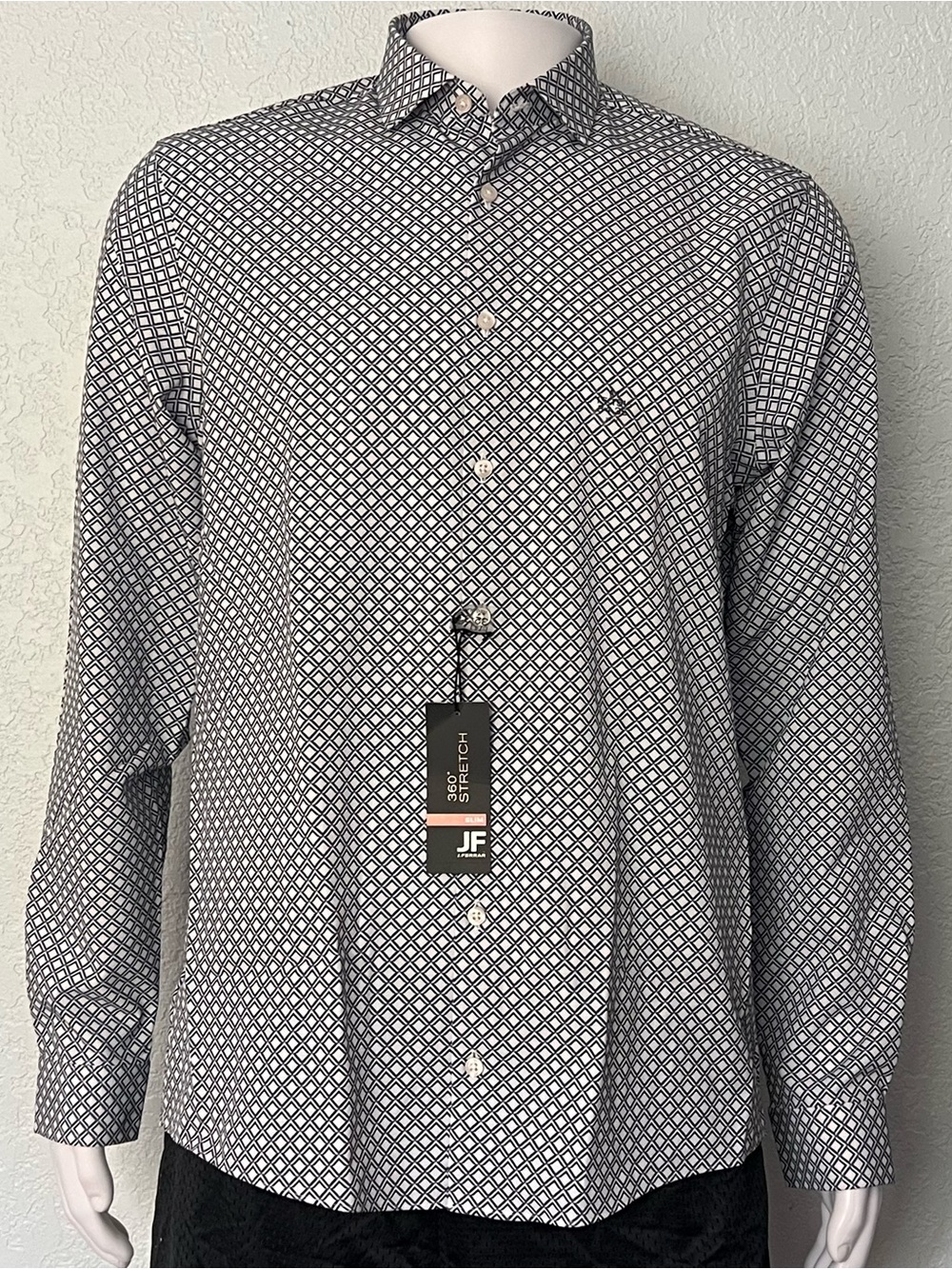 Men’s Black White Geometric Dress Shirt Stretch Slim Fit M JF J Ferrar NWT